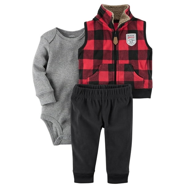Carters Baby Boys 3 Piece Plaid Patch Little Vest Set